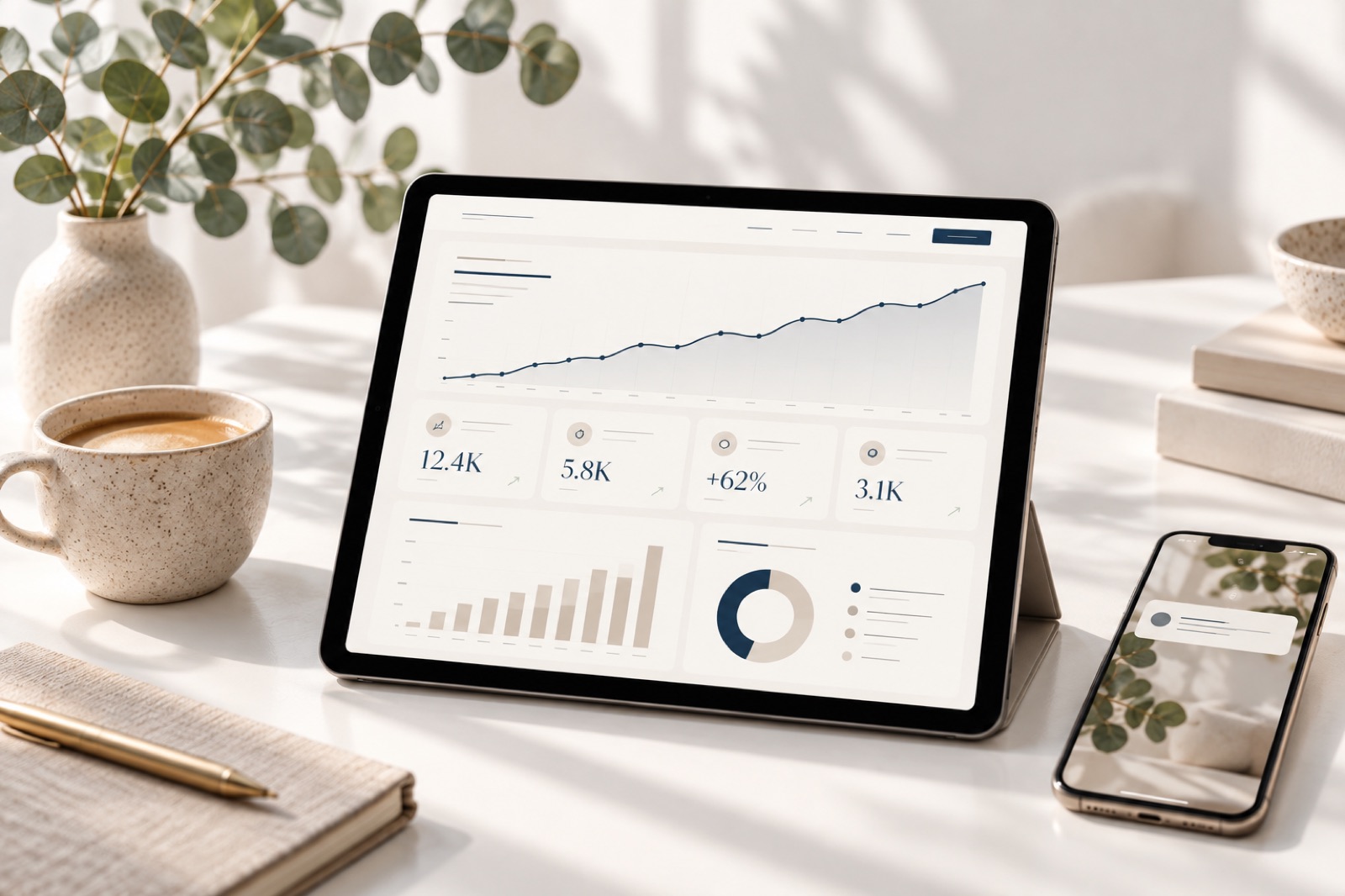 Tablet com painel de resultados de anúncios e site