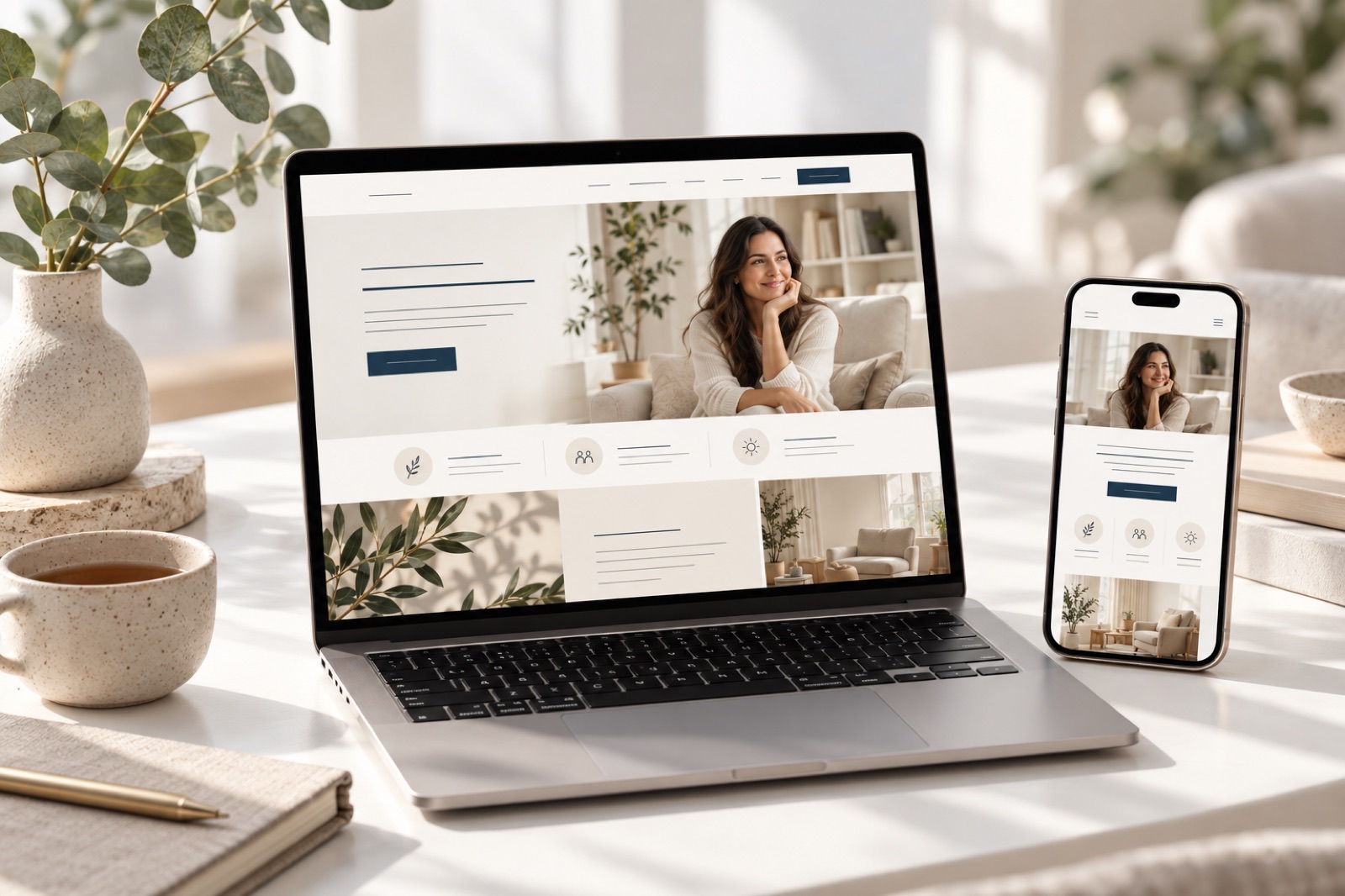 Notebook e celular mostrando o site de uma terapeuta